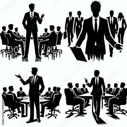 Businessman leading meeting. Business Finance Corporate Office Success Entrepreneur Clipart Line Art Vector Illustration. Executive guiding session professional frontrunner conducting group.