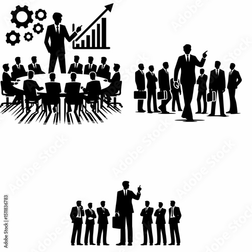 Businessman leading brainstorming. Business Finance Corporate Office Success Entrepreneur Clipart Line Art Vector Illustration. Executive guiding creative thought a idea generation concept.