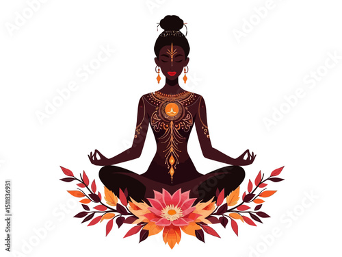 Chakras concept silhouette in lotus position over decorative mandala round pattern with sacred geometry 