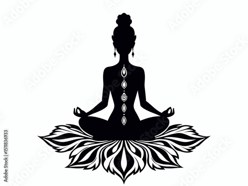 Chakras concept silhouette in lotus position over decorative mandala round pattern with sacred geometry 