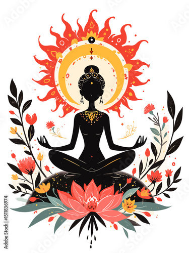 Chakras concept silhouette in lotus position over decorative mandala round pattern with sacred geometry 