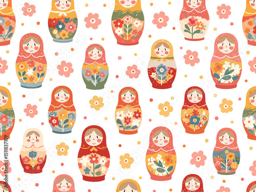  Babushka (matryoshka) seamless pattern Traditional Russian wooden nesting doll