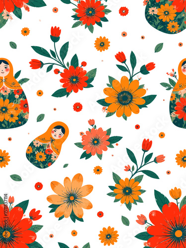  Babushka (matryoshka) seamless pattern Traditional Russian wooden nesting doll