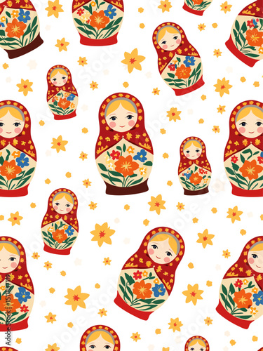  Babushka (matryoshka) seamless pattern Traditional Russian wooden nesting doll