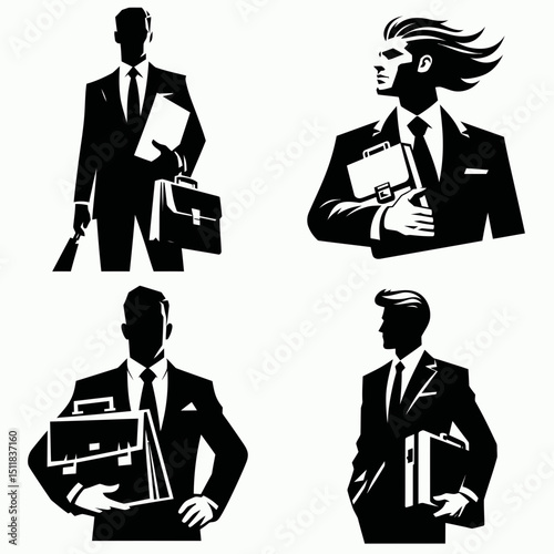 Businessman holding brief. Business Finance Corporate Office Success Entrepreneur Clipart Line Art Vector Illustration. Executive clutching folder professional success career concept.