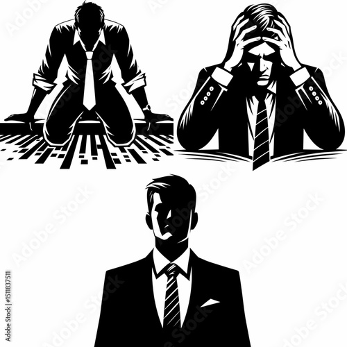Businessman facing crisis. Business Finance Corporate Office Success Entrepreneur Clipart Line Art Vector Illustration. Executive confronting challenge leader experiencing hardship.