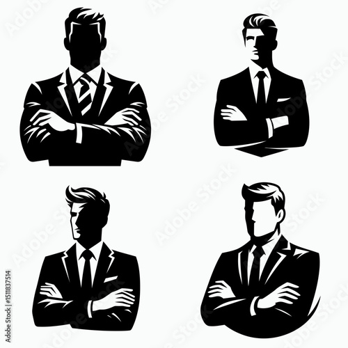 Businessman crossing arms. Business Finance Corporate Office Success Entrepreneur Clipart Line Art Vector Illustration. Executive folding limb confident entrepreneur professional posture.