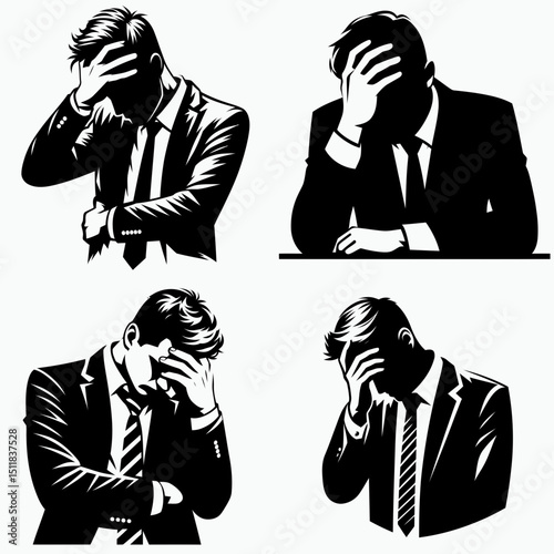 Businessman facepalming. Business Finance Corporate Office Success Entrepreneur Clipart Line Art Vector Illustration. Executive expressing frustration palm on brow despair mistake concept.