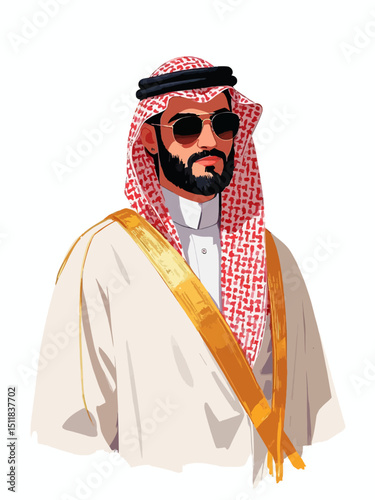  portrait of a Arab man in keffiyeh and sunglasses isolated on white
