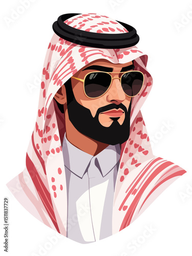  portrait of a Arab man in keffiyeh and sunglasses isolated on white