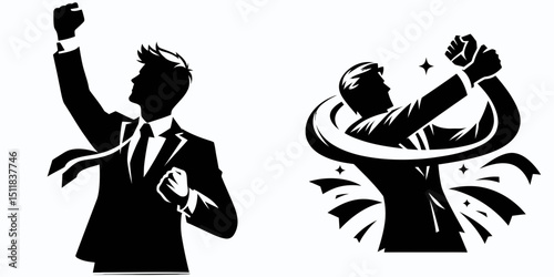 Businessman celebrating merger. Business Finance Corporate Office Success Entrepreneur Clipart Line Art Vector Illustration. Executive enjoys amalgamation triumphant achievement commercial.