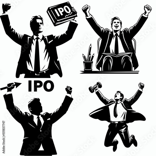 Businessman celebrating IPO. Business Finance Corporate Office Success Entrepreneur Clipart Line Art Vector Illustration. enjoys successful stock market launch ecstatic venture owner.