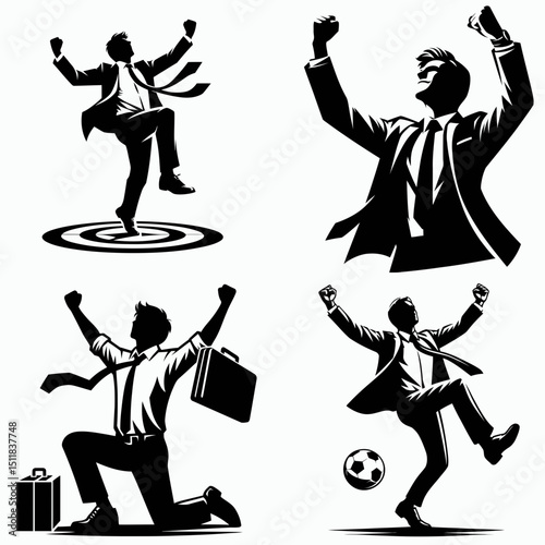 Businessman celebrating goal. Business Finance Corporate Office Success Entrepreneur Clipart Line Art Vector Illustration. guy success attaining achievement expressing triumph workers.
