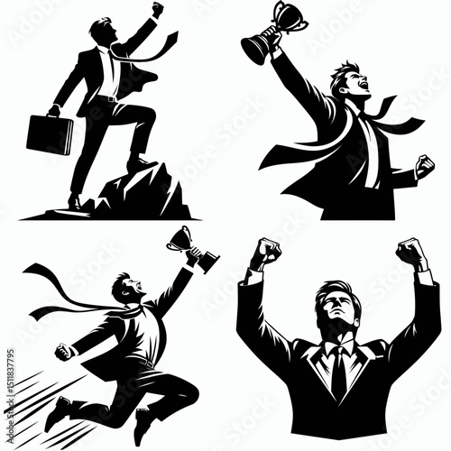 Businessman celebrating achievement. Business Finance Corporate Office Success Entrepreneur Clipart Line Art Vector Illustration. Executive joyful for triumph marking prosperous moment.