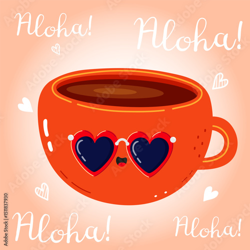 Orange Coffee Cup with heart shaped sunglasses saying aloha, ideal for summer vacation, hawaiian vibes, and coffee lovers