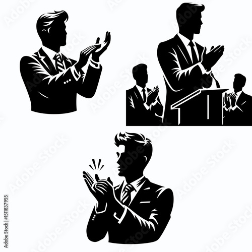 Businessman applauding proposal. Business Finance Corporate Office Success Entrepreneur Clipart Line Art Vector Illustration. Executive ovation endorsing project idea positive commerce.