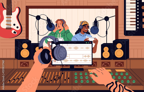 Recording studio. Sound engineer with mixer and singers with microphones in room record song. Producer mix audio, voice with musician equipment, AMP. Music production. Flat vector illustration