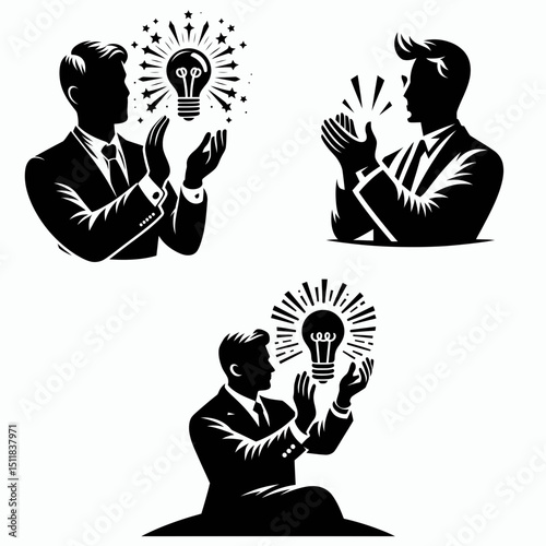 Businessman applauding innovation. Business Finance Corporate Office Success Entrepreneur Clipart Line Art Vector Illustration. hailing inventive concept new market creation.