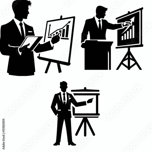 Businessman adjusting presentation. Business Finance Corporate Office Success Entrepreneur Clipart Line Art Vector Illustration. employee correcting visual exhibit for executive conference.