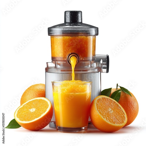 Orange juicer machine making fresh juice drink with oranges in glass for healthy lifestyle diet