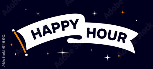 Happy Hour. Flag ribbon template. Vintage ribbon flag, text Happy Hour. Graphic retro flag, ribbon, poster banner. Retro style, coffee shop for cafe, bar, restaurant, food menu. Vector Illustration