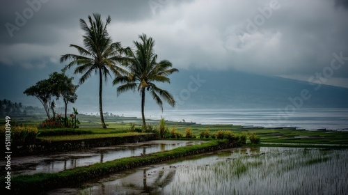 Serene Tropical Landscape with Palm Trees and Reflective Rice Fields