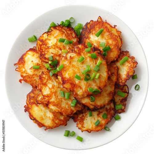 Pile of fried potato pancakes garnished with chives on white plate on transparent background