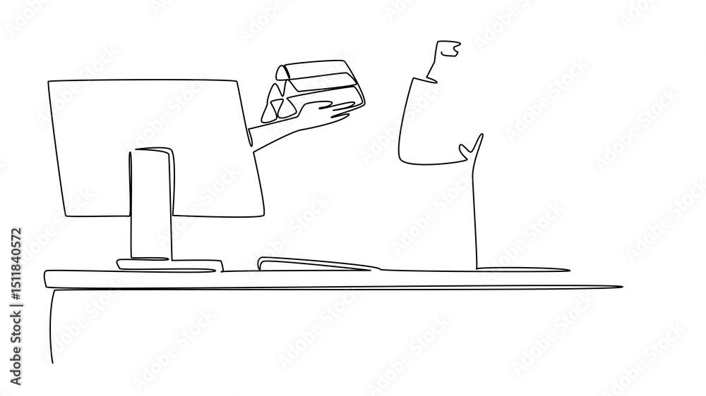 Self drawing animation of single continuous line drawing hands out of monitor screen while holding a gold stack. A token of gratitude for devotion. Things from Screen. Full length animated