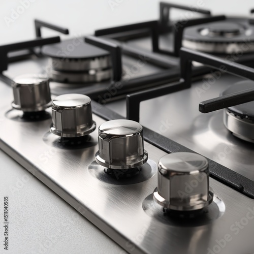 Stainless steel gas hob cooker with metal knobs for kitchen appliance and cooking equipment closeup view