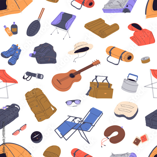 Hiking items on endless background. Repeatable pattern of trekking tools for camping, travel to nature: backpack, sleeping bag, tent, clothing, chairs, guitar. Flat seamless vector illustration