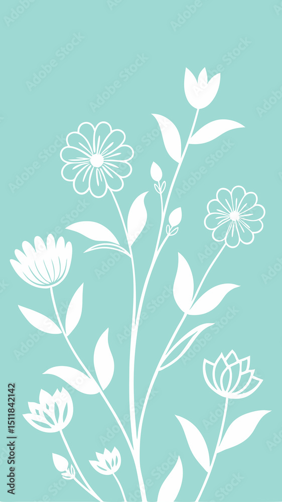 Obraz premium Elegant floral line art arrangement in white on a pastel blue screen background