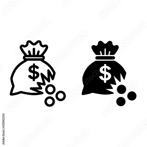 Two money bag icons with dollar signs and scattered coins beneath  isolated on transparent background, no background