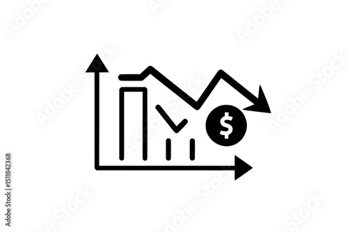 A black and white line graph showing a downward financial trending  isolated on transparent background, no background
