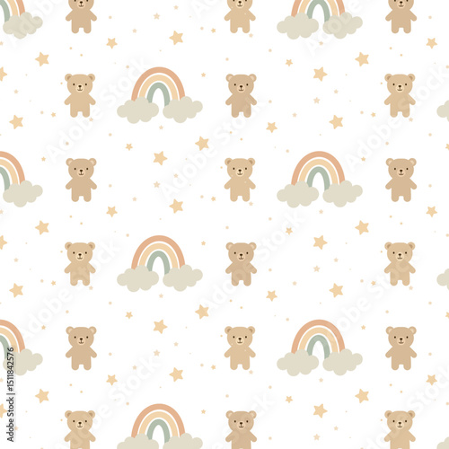 Cute vector seamless patterns with bears, rainbows, stars on white background. Children's drawings.