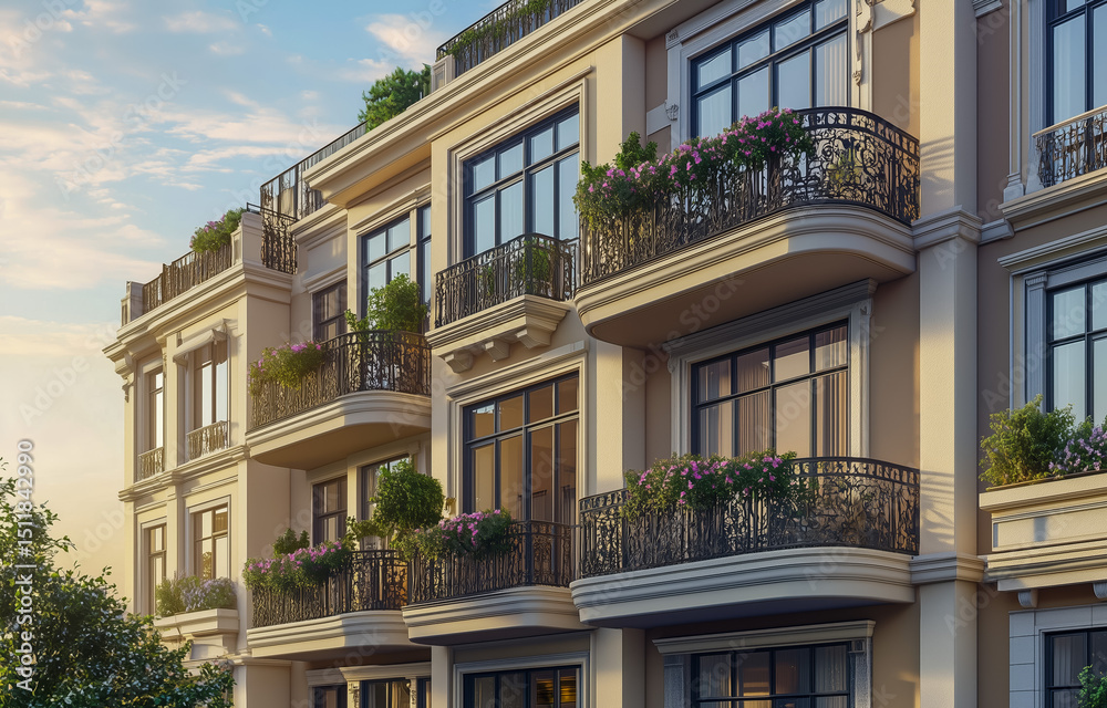 Naklejka premium Elegant apartment building with balconies and greenery in modern architecture