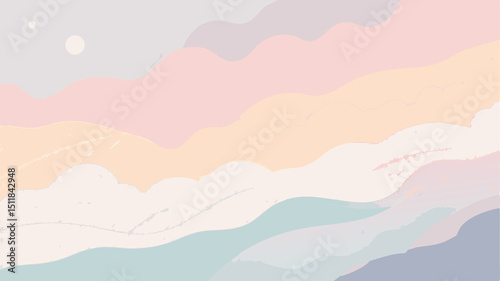 Ethereal pastel landscape illustration depicting mountains and clouds in soft watercolor style
