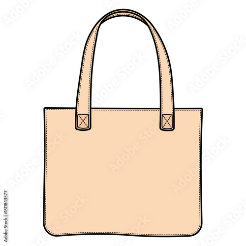 Beige shopper bag with black outline and handle. Simple flat style for retail, shopping or fashion themes. Transparent background.