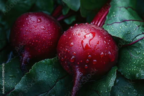 Fresh beets with water droplets on leaves, food photography, cooking, health, and gardening uses