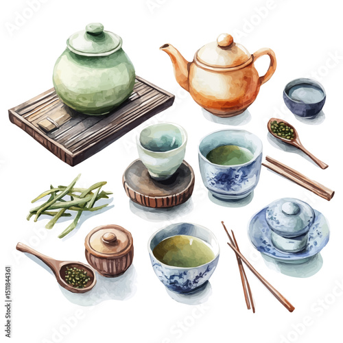 Tea Ceremony Set, watercolor illustration vector, high quality, isolated on a white background.