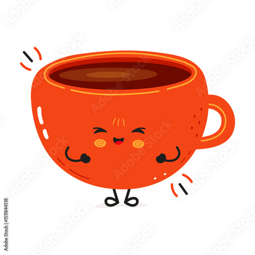 Orange cartoon Coffee Cup flexing and smiling, showing that coffee gives you energy
