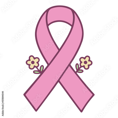 Pink ribbon with small flowers symbolizing breast cancer awareness on a white isolated background view