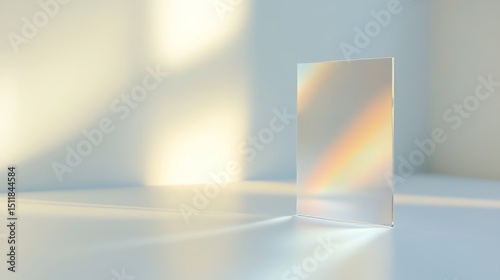 Off-white surface with one translucent holographic rectangle hovering top-right, low-opacity shadow only, product presentation, 16:9