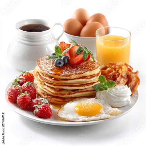 Delicious breakfast pancakes with eggs bacon and berries a perfect morning meal food photography