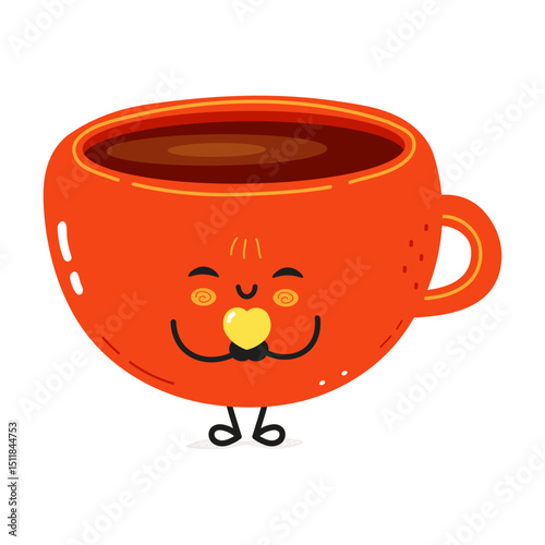 Cartoon red Coffee Mug smiling, embracing heart-shaped symbol with warm, loving expression