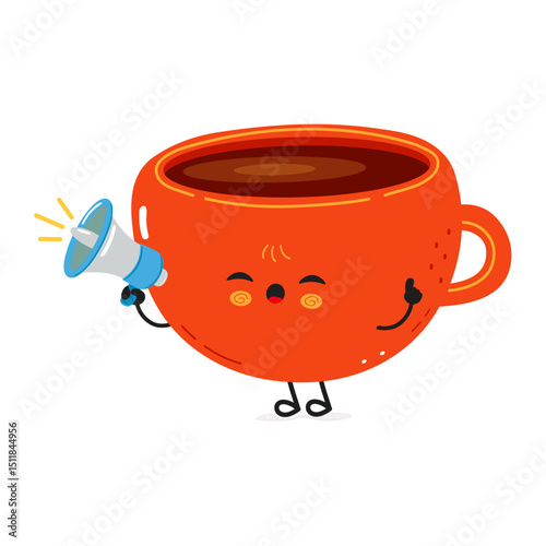 Orange Coffee Cup cartoon character holding megaphone making important announcement with funny hypnotized eyes