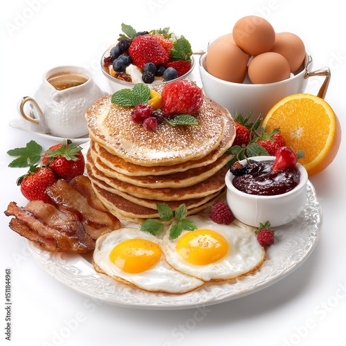 Delicious pancake breakfast with bacon eggs and fresh fruit perfect for weekend brunch or special occasion