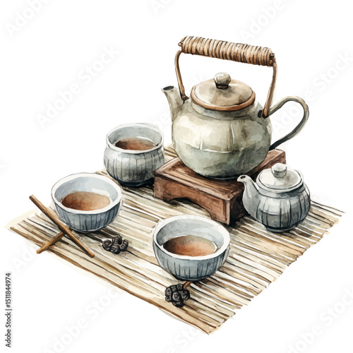Tea Ceremony Set, watercolor clipart vector, high quality, isolated on a white background.