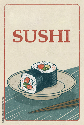 sushi on a plate, vintage old minimalist art japanese food poster