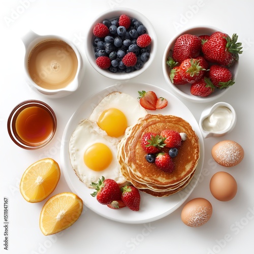 Delicious breakfast with pancakes eggs fresh berries and orange juice healthy food photography concept