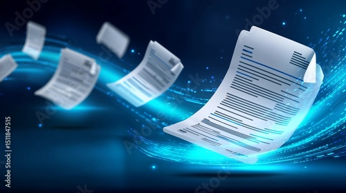 Digital documents floating and flowing through a vibrant data stream - efficient information management